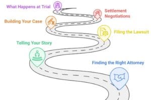 diagram of a lawsuit process with a road and markers