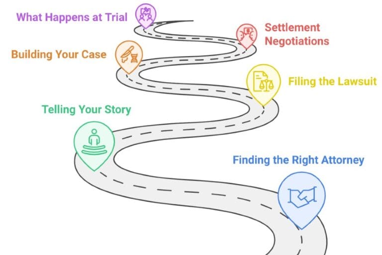 diagram of a lawsuit process with a road and markers