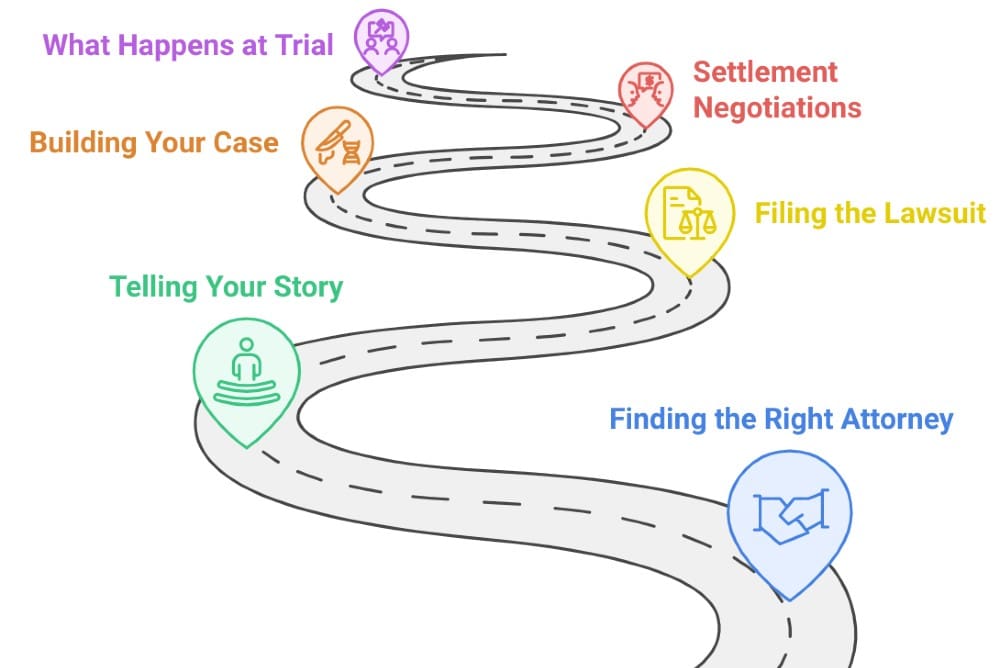 diagram of a lawsuit process with a road and markers